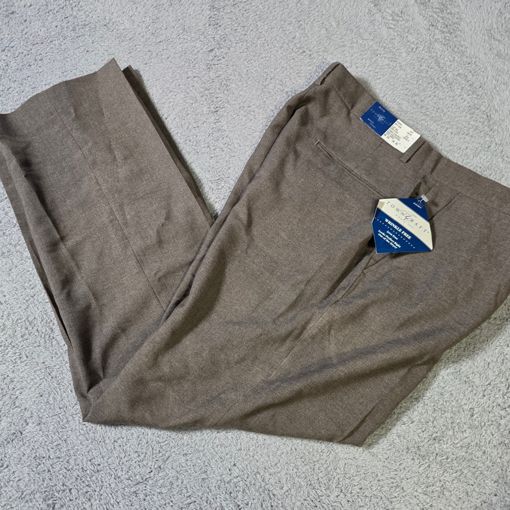Towncraft Mens 34x30 Dress Slacks Brown Wrinkle Free Wool Blend Flat Front NWT